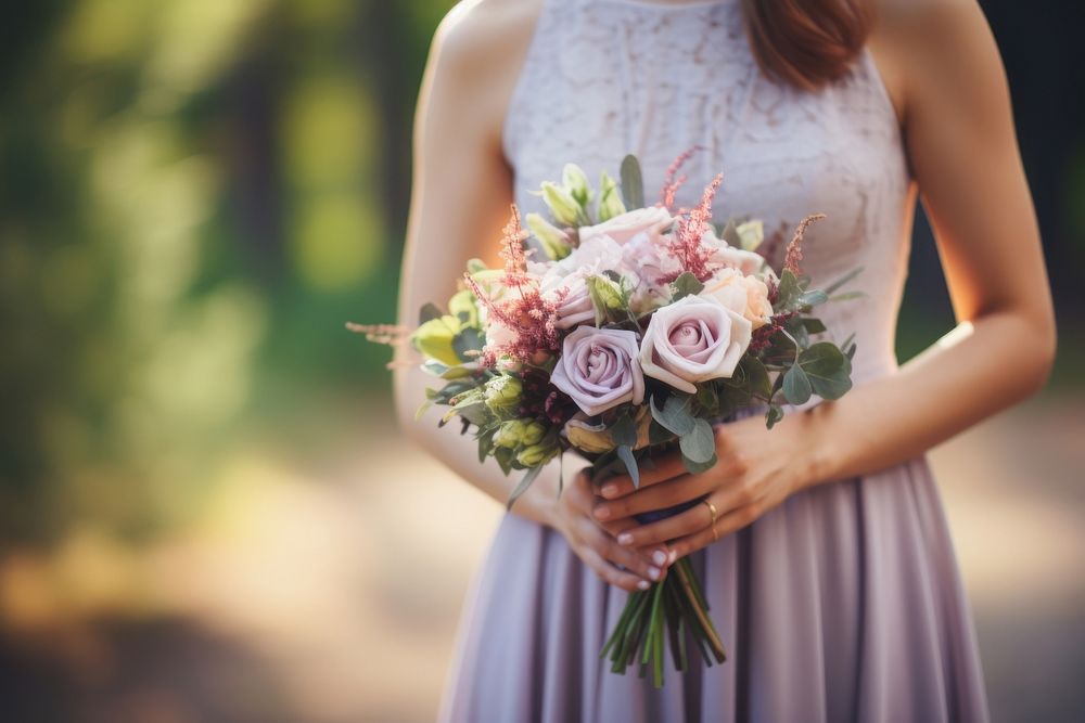 Bridesmaid holding bouquet wedding flower plant.