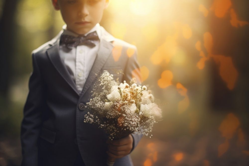 Kid holding bouquet wedding flower plant.