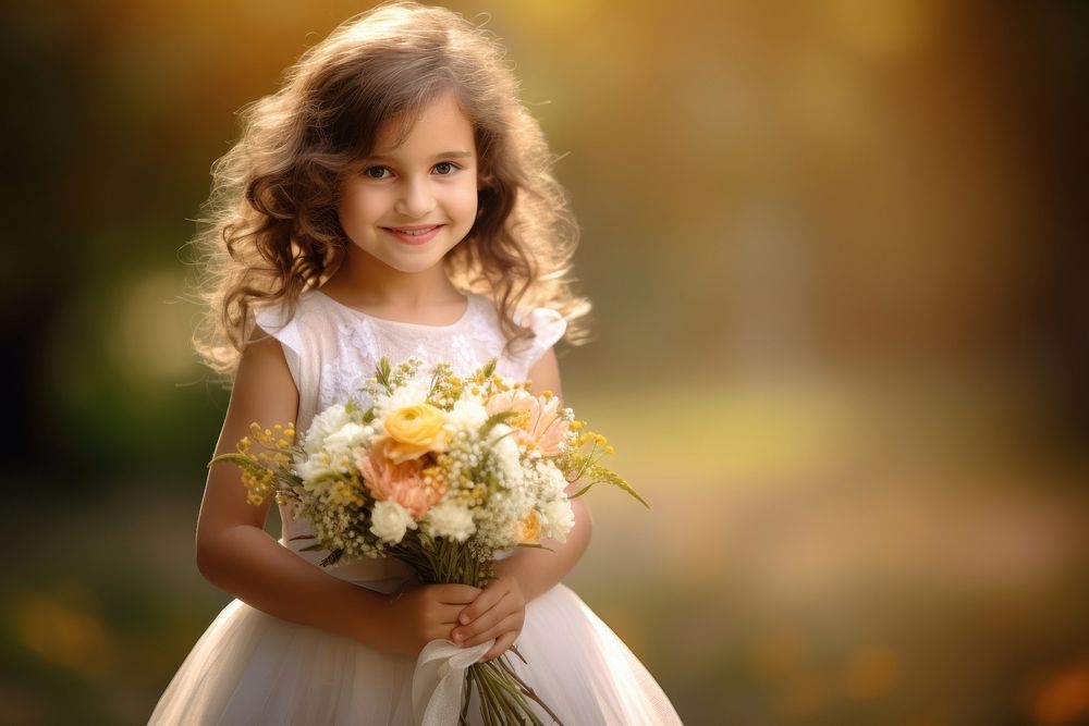 Kid holding bouquet wedding flower dress.