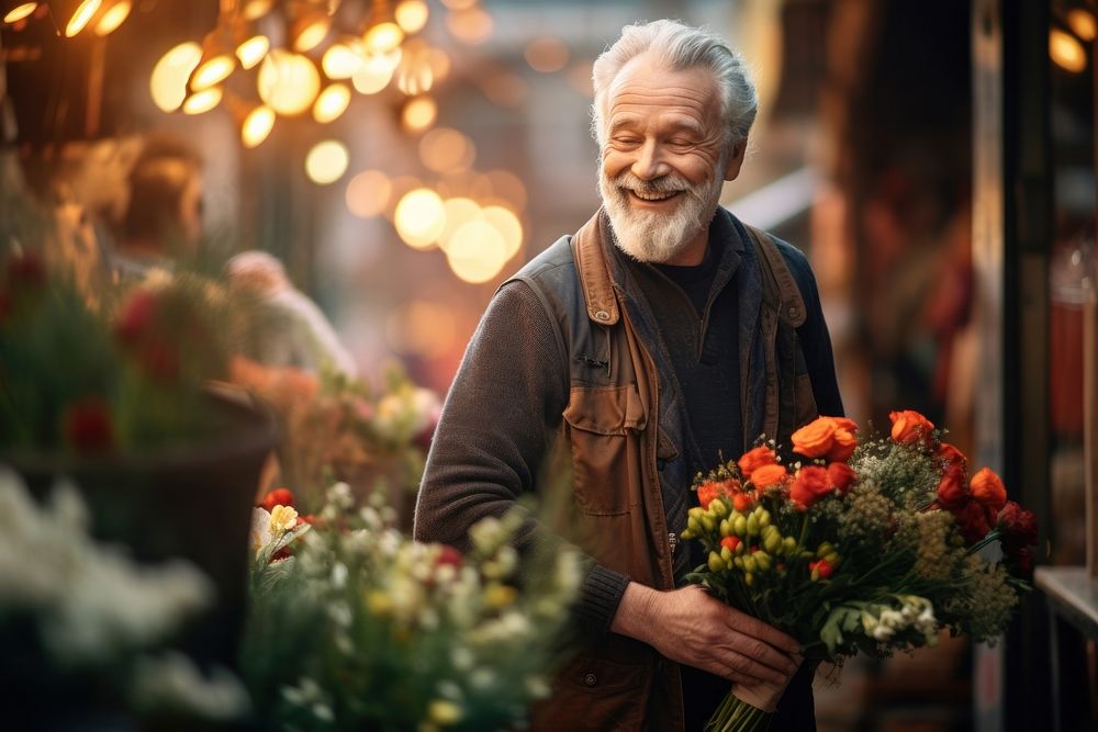 An old man holding bouquet flower adult entrepreneur.