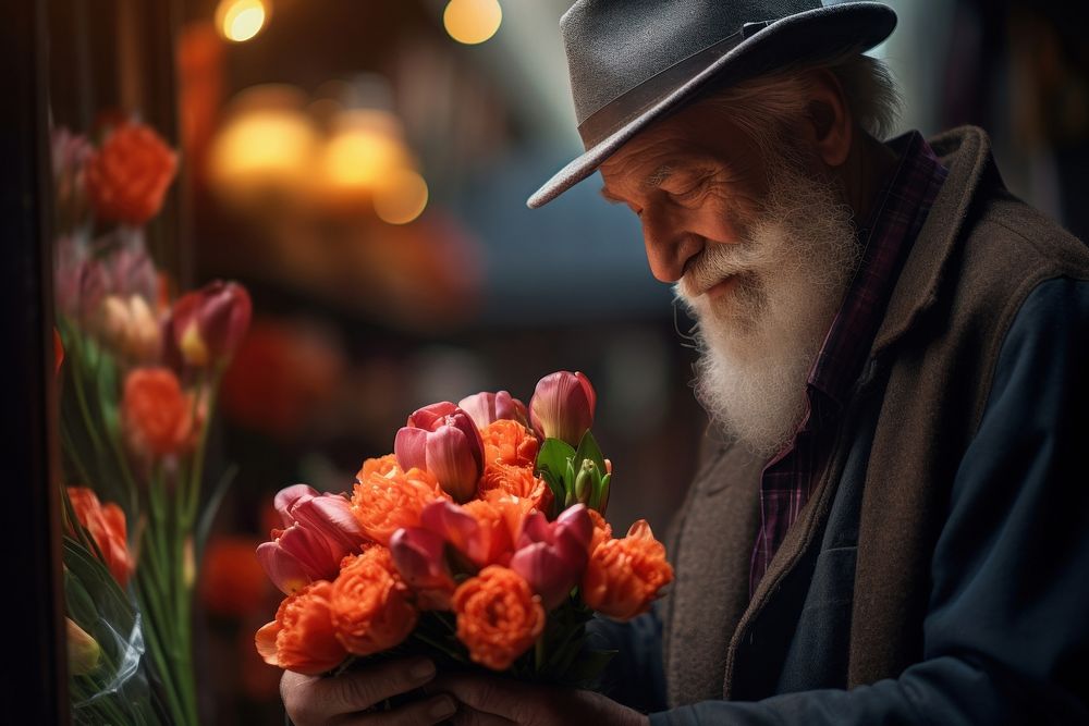 An old man holding bouquet flower portrait adult.
