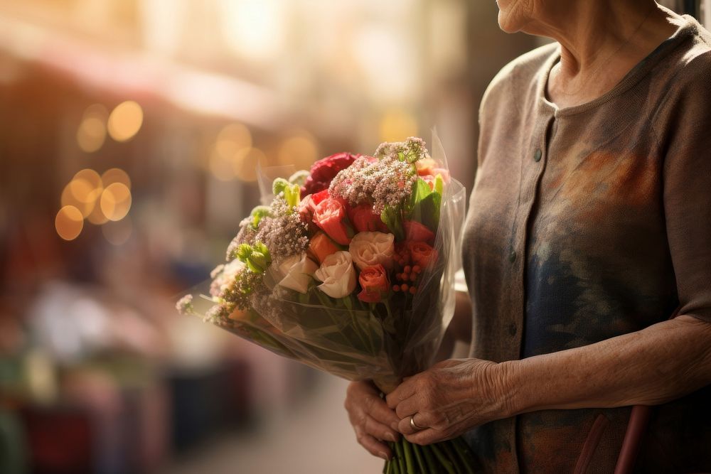An older women holding bouquet flower adult illuminated.