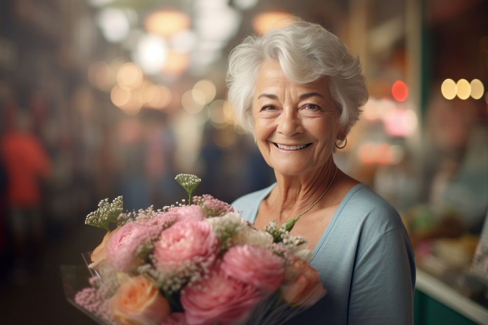 An older women holding bouquet flower portrait adult.