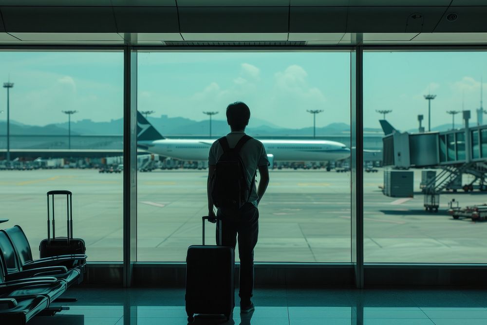 Asian man airport airplane luggage.