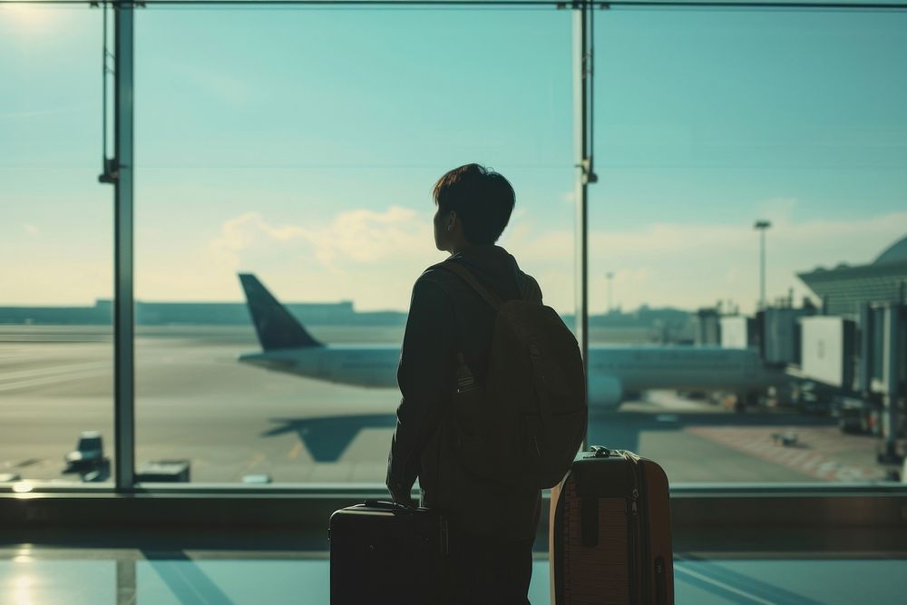 Asian man luggage airport airplane.