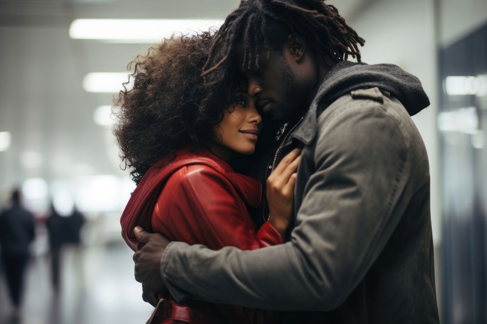 Black couple hugging love affectionate.