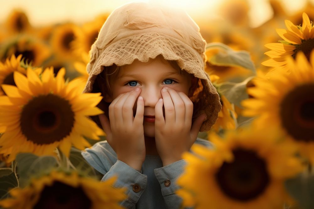 Little boy holding sunflower cover his face plant photo baby.