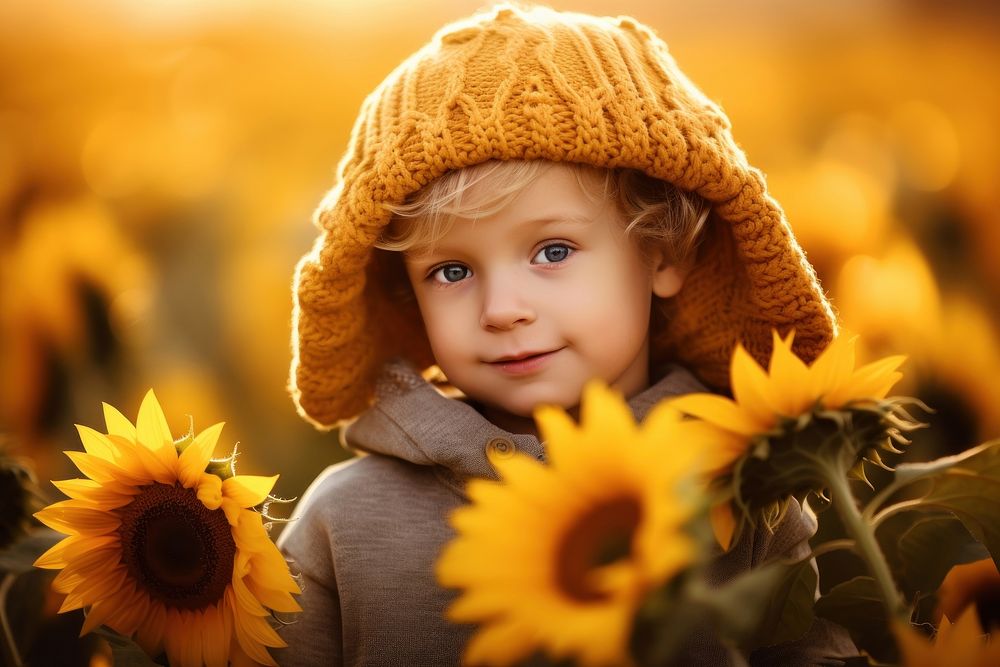 Little boy holding sunflower cover his face portrait plant photo.