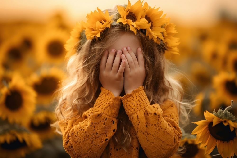 Little girl holding sunflower cover her face inflorescence celebration landscape.
