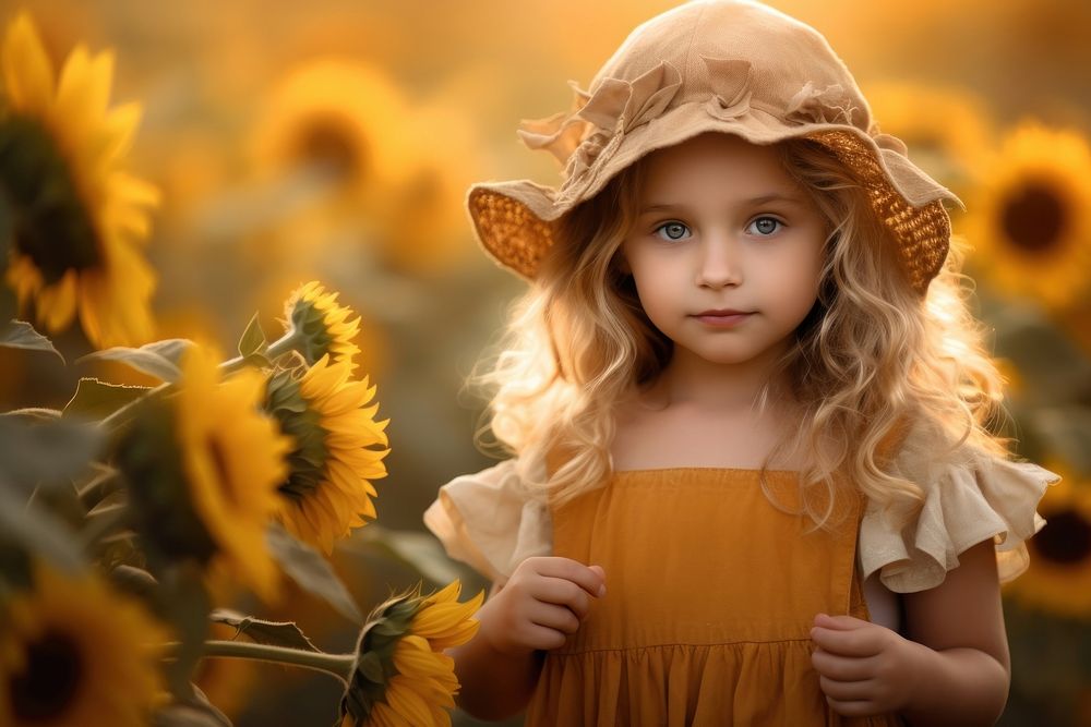 Little girl holding sunflower conceal face plant child hairstyle.