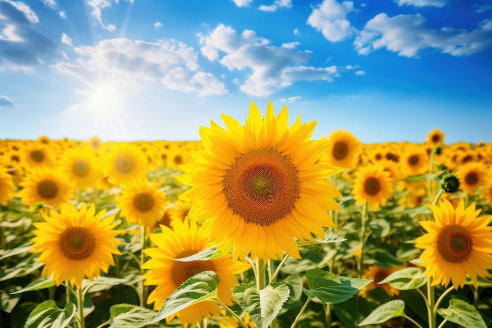 Sunflower field with clouds and blue sky landscape outdoors nature.