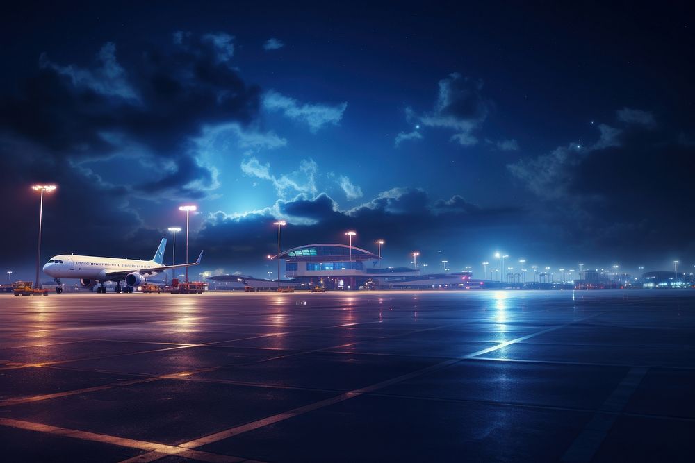 International airport airplane vehicle night.