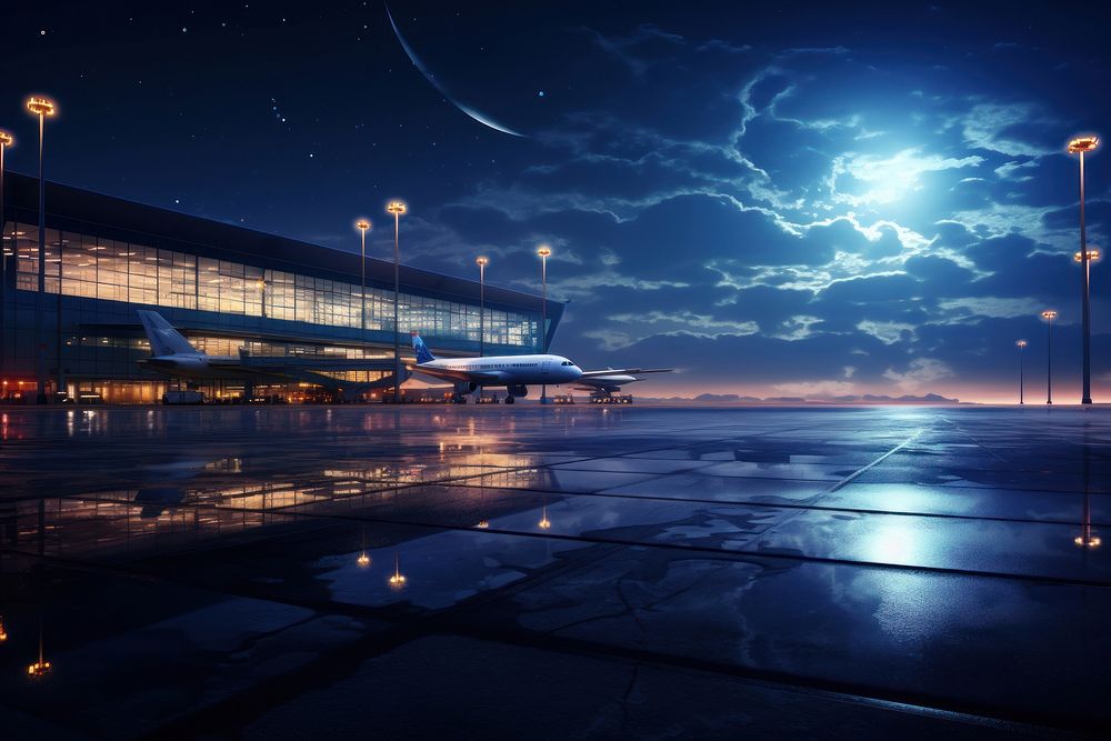 International airport night sky transportation.