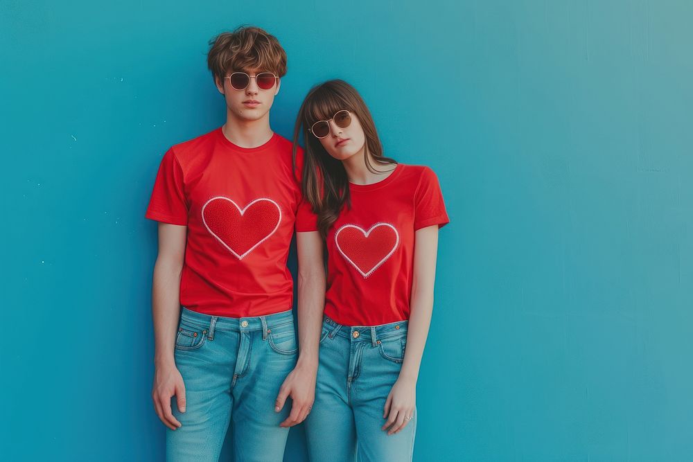 Couple wearing heart-shaped matching shirts love togetherness friendship.