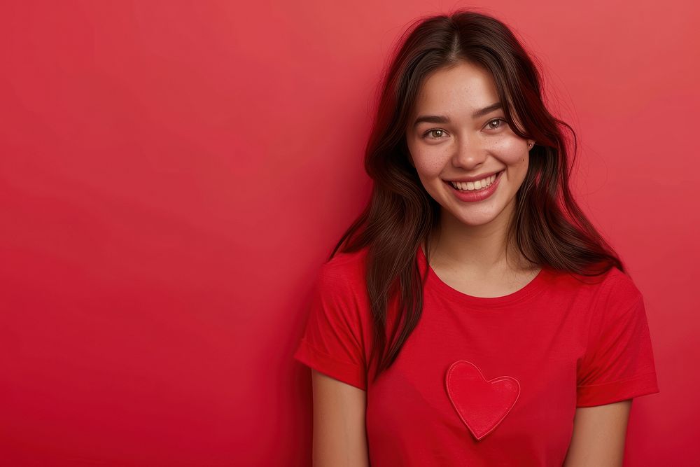 Woman wearing heart-shaped matching shirts smiling t-shirt smile.