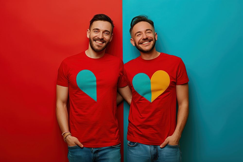 Couple gay man wearing heart-shaped matching shirts t-shirt smiling adult.