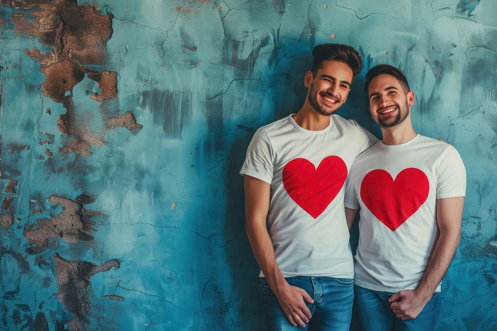 Couple gay man wearing heart-shaped matching shirts smiling t-shirt adult.