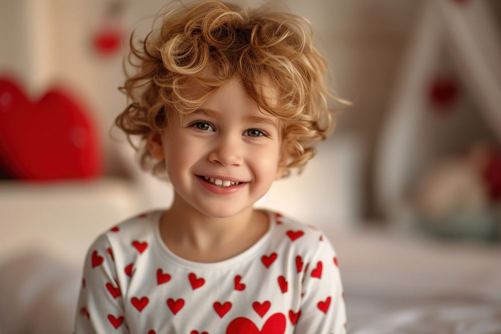 Kid wearing heart-shaped matching shirts smiling child smile.