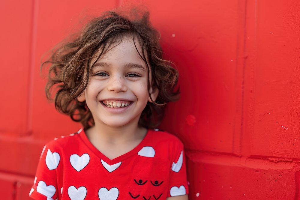 Kid wearing heart-shaped matching shirts portrait smiling smile.