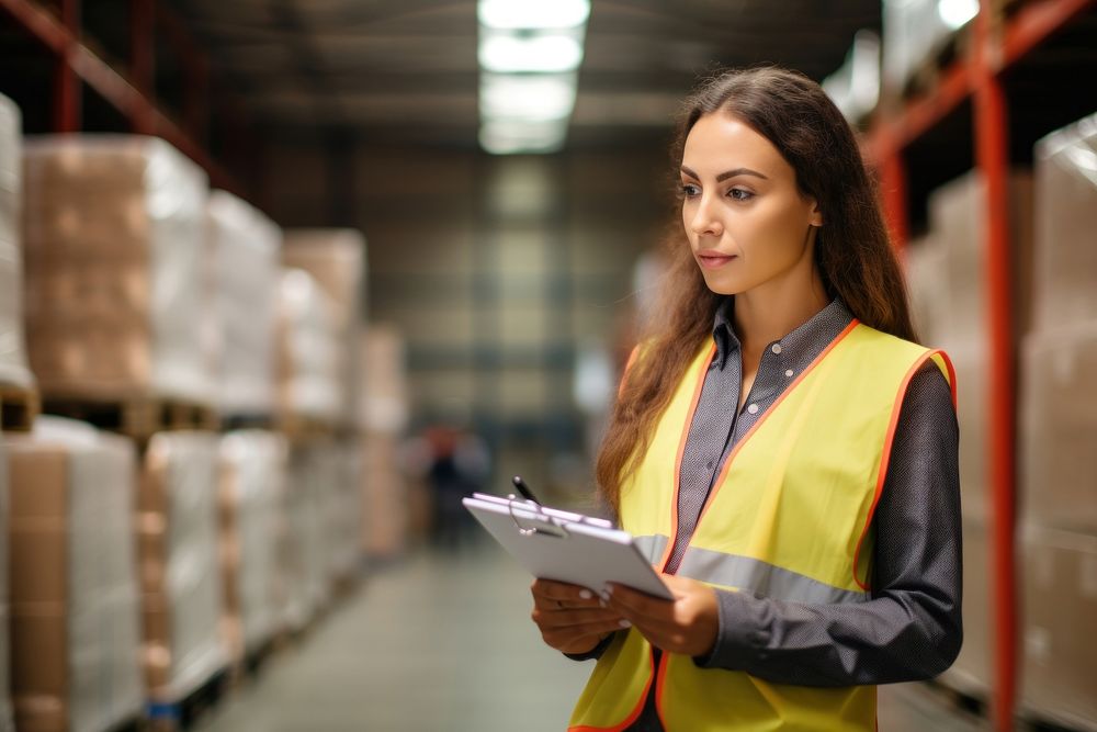 Woman checklist in warehouse architecture technology examining.