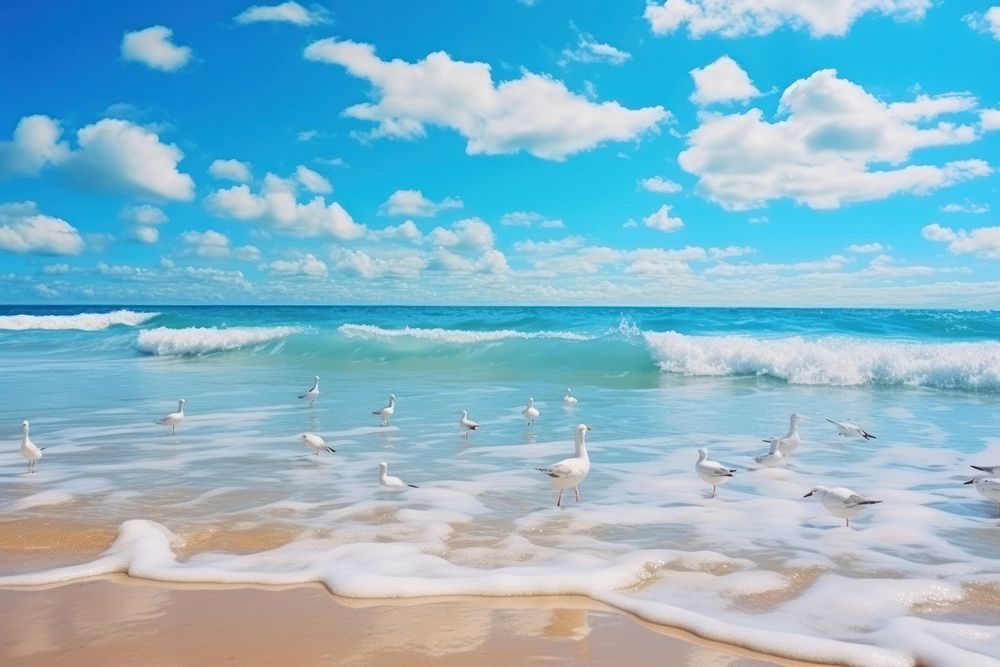 Seagulls flying in tropical colorful blue sky ocean sea panoramic.