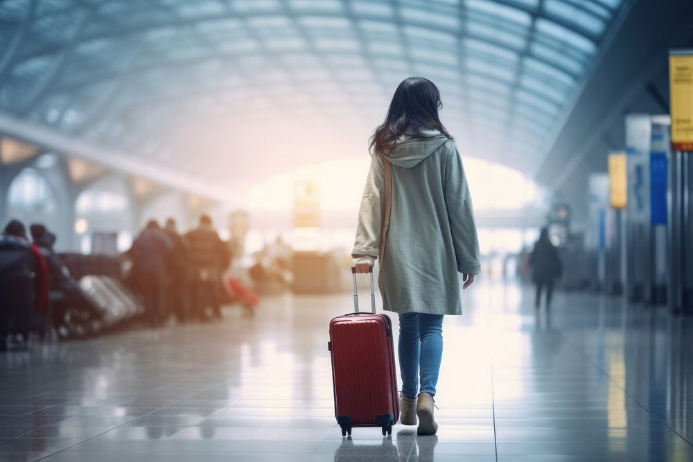International airport terminal luggage walking adult.