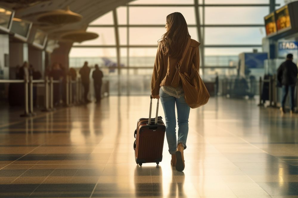 International airport terminal luggage walking adult.