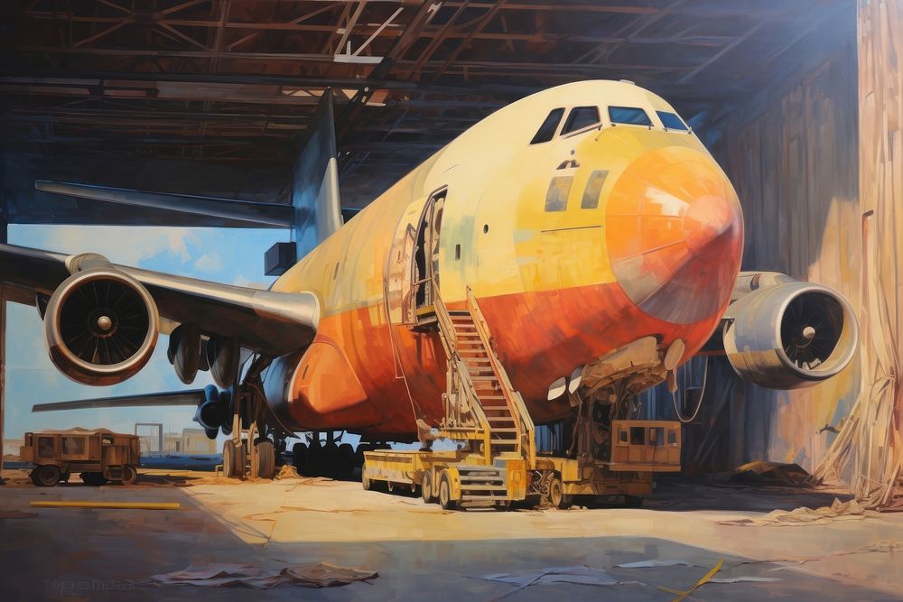 Rough high detail oil painting of cargo plane architecture aircraft airplane.