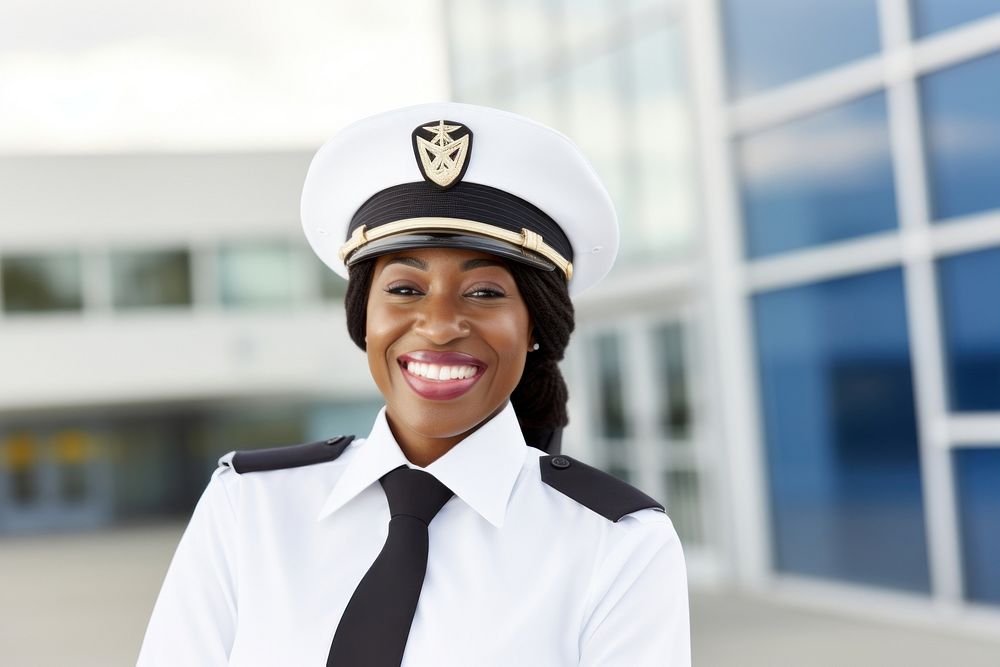 African American woman officer smiling pilot.