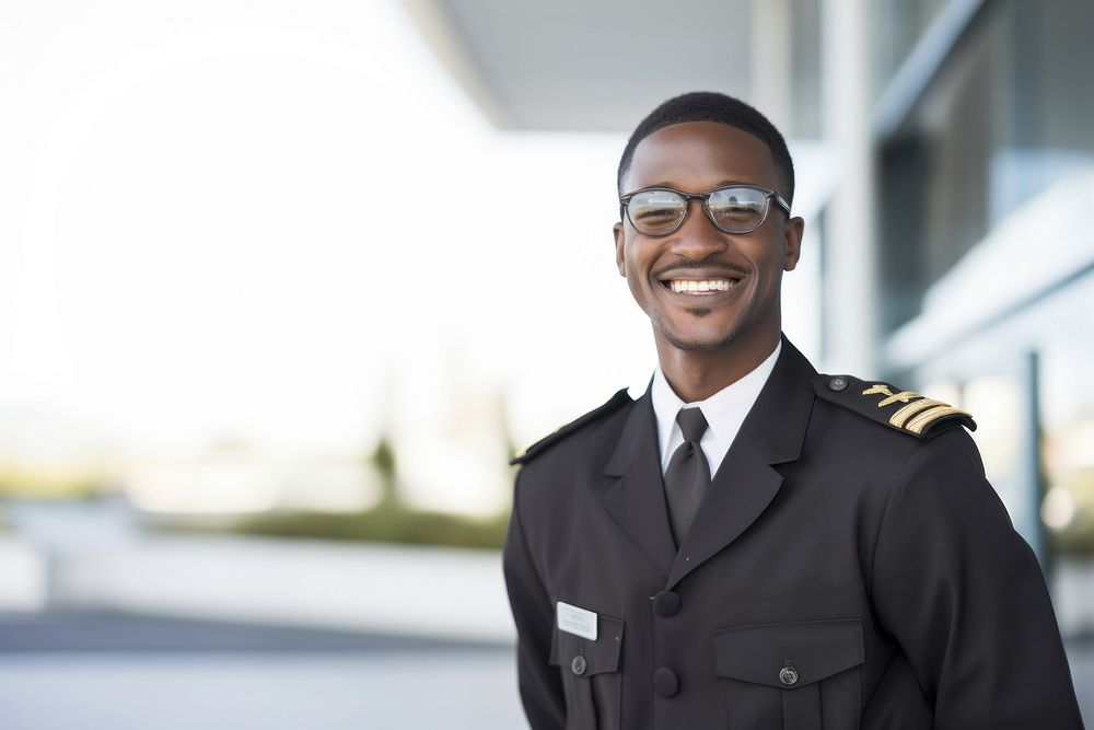 African American man officer glasses smiling.