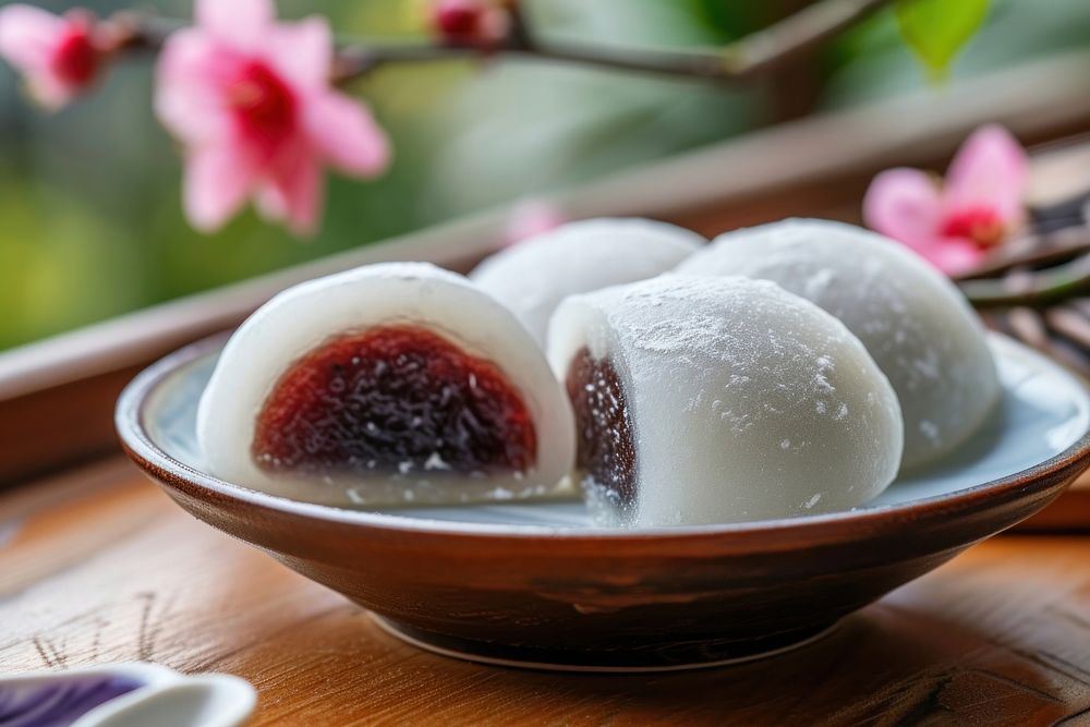Red bean mochi food table plate.