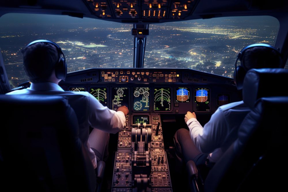 Airplane cockpit with 2 pilot aircraft vehicle adult.