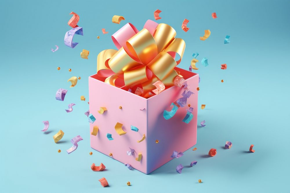 3d Surreal of a giftbox with confetti paper celebration anniversary.