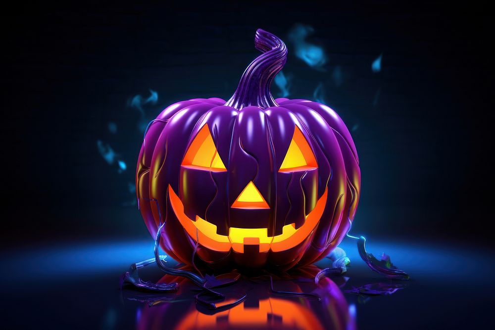 3D render neon halloween pumpkin icon anthropomorphic jack-o'-lantern jack-o-lantern.