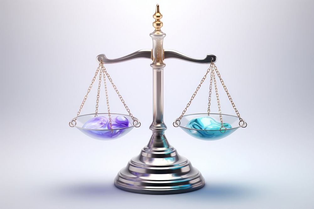 3d render of a legal justice balance scale in surreal abstract style jewelry metal accessories.
