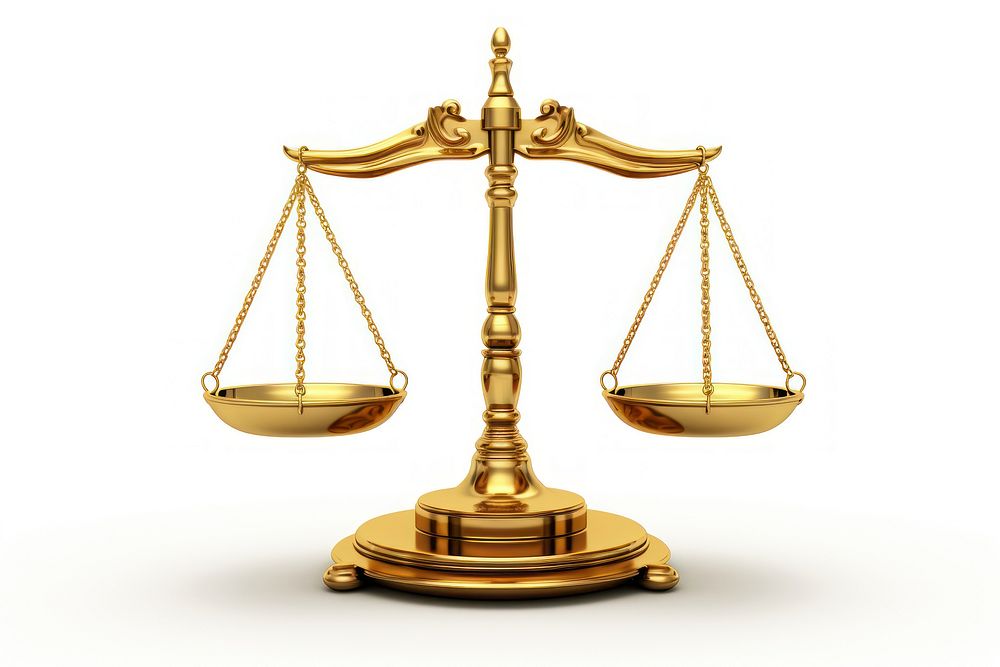 Legal justice balance scale gold white background lighting.