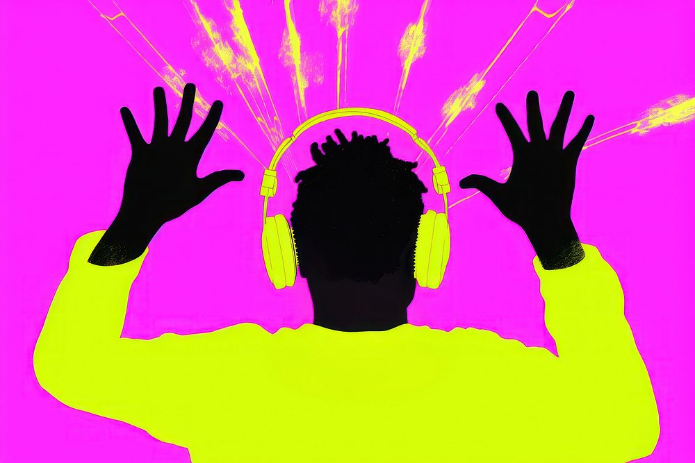 Black man using a headphone silhouette purple hand.