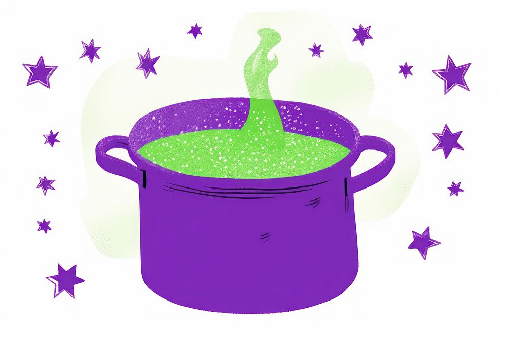 Witch cooking potion in a pot purple container cartoon.
