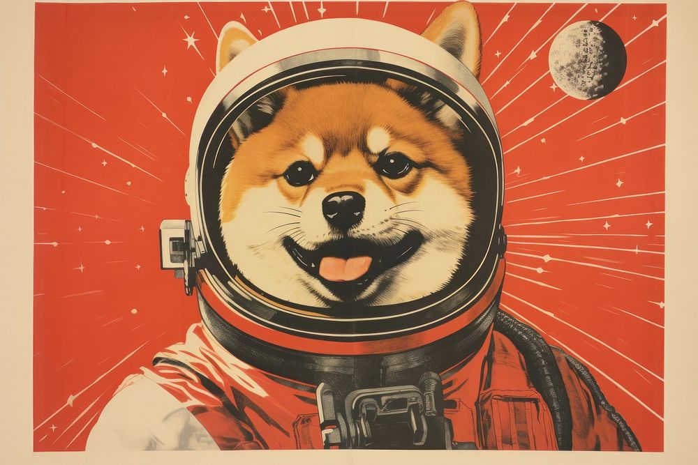 Propaganda art dog in astronaut outfit mammal animal poster.