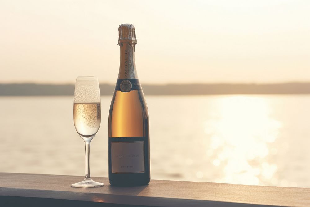 Bottle of champagne outdoors sunset glass. AI generated Image by rawpixel.
