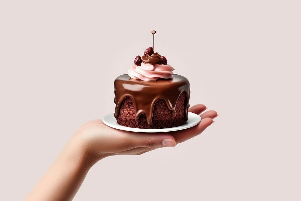 Hand holding chocolate birthday cake dessert cupcake food.