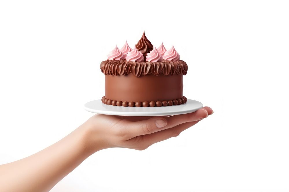 Hand holding chocolate birthday cake dessert cupcake food.