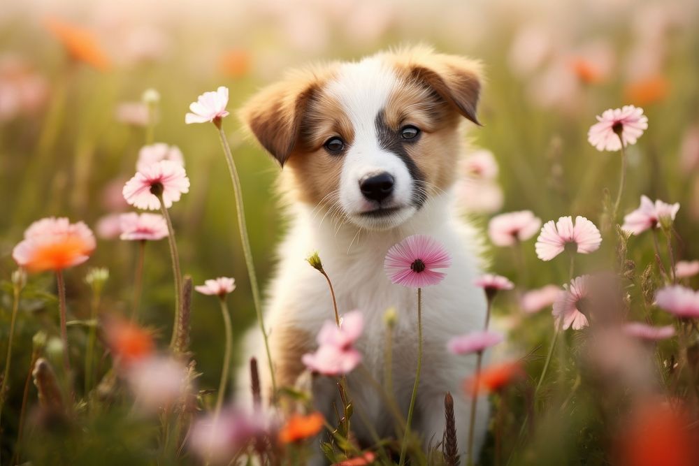 Cute mixed breed puppy in flower field outdoors animal mammal.