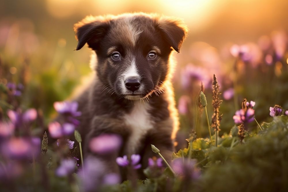 Cute mixed breed puppy in flower field outdoors mammal animal.
