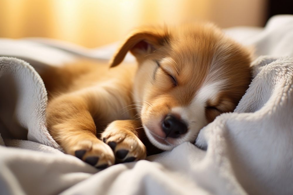 Cute mixed breed puppy sleeping in bed blanket mammal animal.