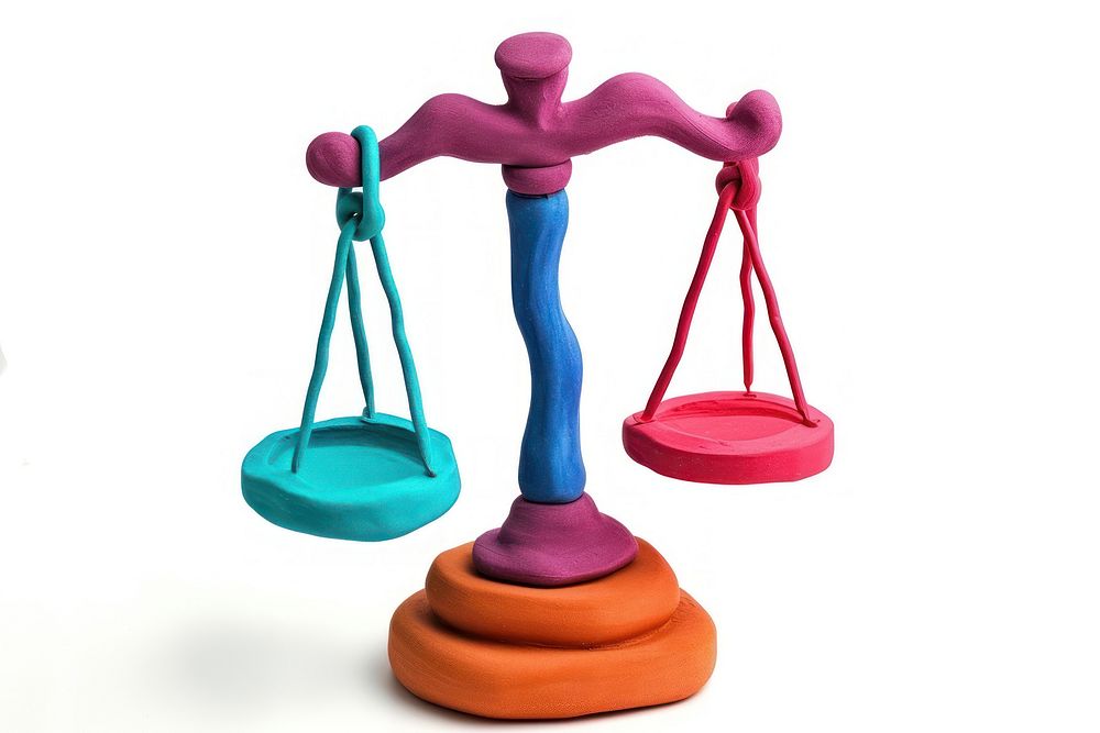 Clay 3d legal justice balance scale toy white background representation.