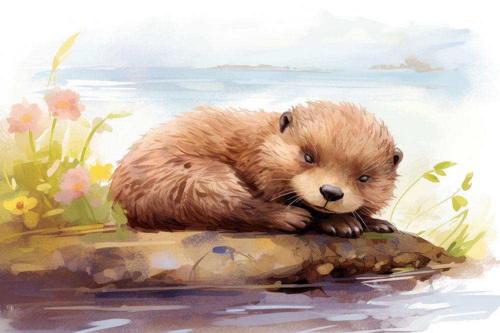 Cute baby otter wildlife outdoors drawing. AI generated Image by rawpixel.