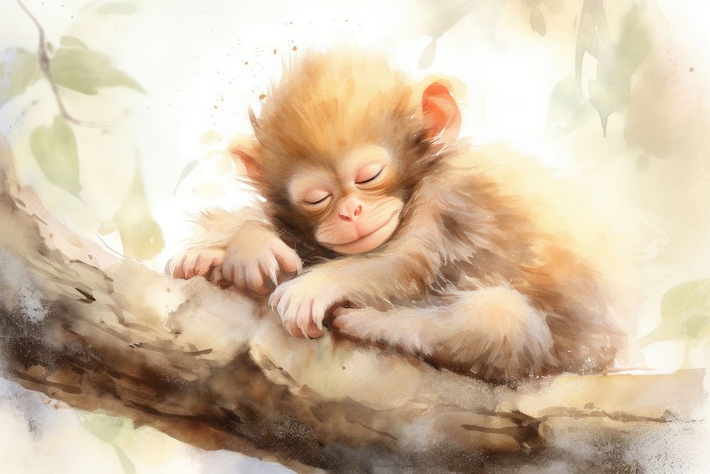Cute baby monkey wildlife sleeping drawing. AI generated Image by rawpixel.