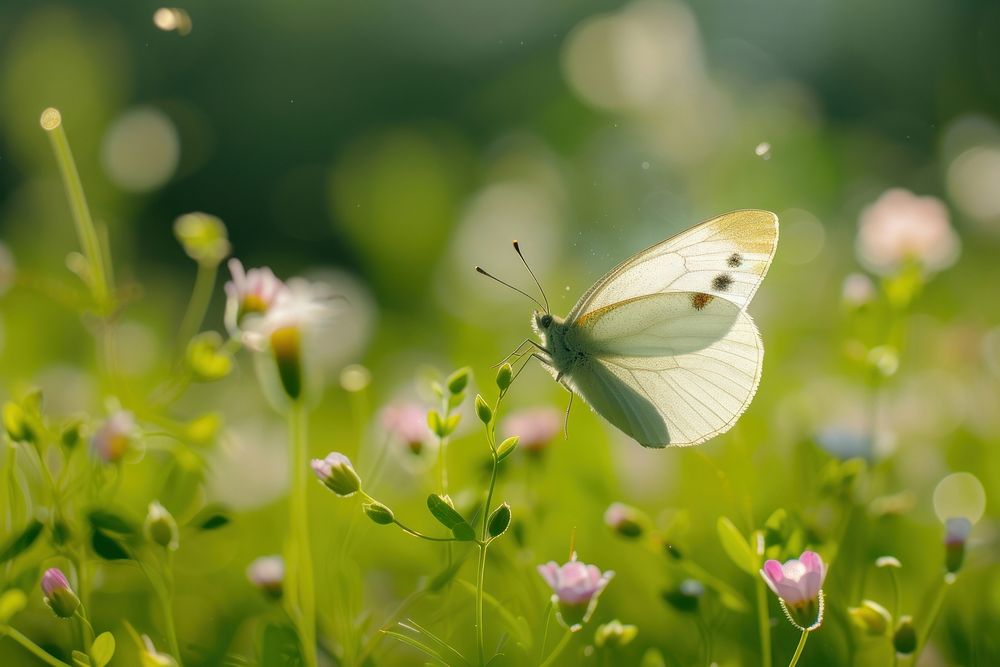 White flying butterfly flower green outdoors.