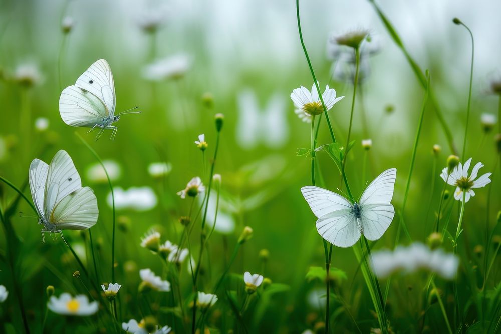 White flying butterflies flower field green.